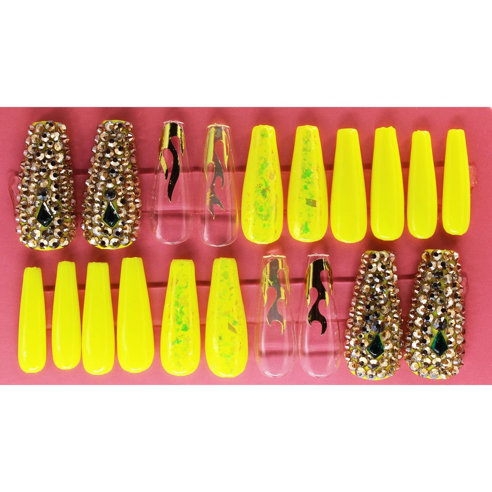 Neon Fire Glitz Yellow Long Coffin Gloss Finish Press On Nails Long